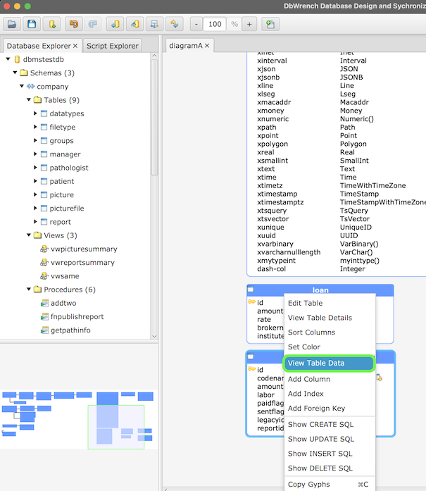 Table data viewer menu item